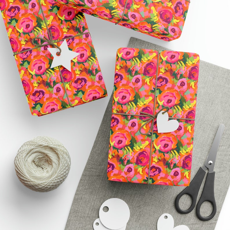 Artistic Wrapping Paper Roll, Neon Pink Gift Wrap Roll, Abstract Painting Gift Wrap, Neon Wrapping Paper Roll, Orange and Pink Gift Wrap image 2