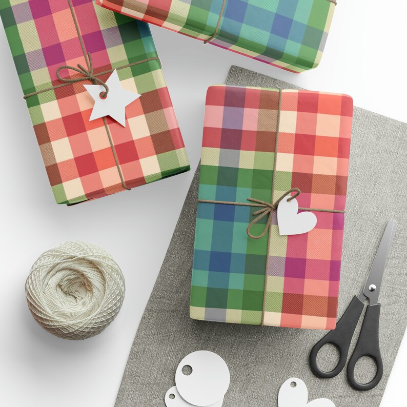 Spring Rainbow Plaid Wrapping Paper Roll, Rainbow Colored Wrapping Paper, Colorful Gift Wrap, Modern Plaid Gift Wrapping Roll image 2