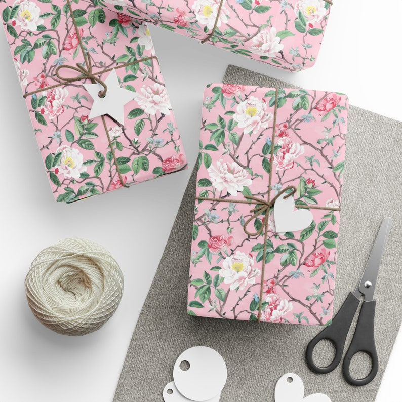 Pink Chinoiserie Wrapping Paper Roll Light Pink Victorian Wrapping Paper Cottage Rose Wrapping Paper Pink Gift Wrap Baby Shower image 2