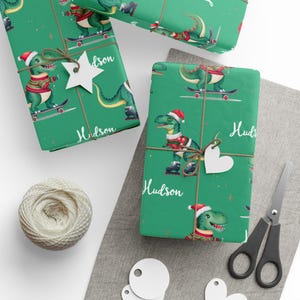 Christmas Dinosaur Wrapping Paper With Name Xmas Wrapping Paper Funny Boys Christmas Gift Wrap Roll Dinosaur Xmas Gift Wrapping image 3