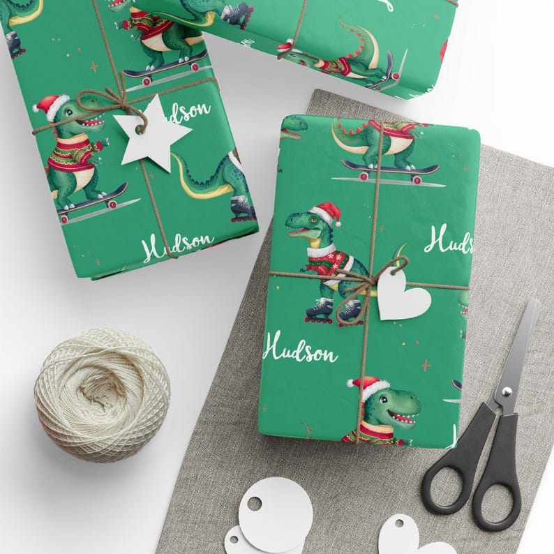Christmas Dinosaur Wrapping Paper With Name Xmas Wrapping Paper Funny Boys Christmas Gift Wrap Roll Dinosaur Xmas Gift Wrapping image 3