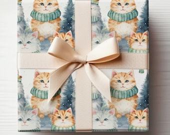 Papel de regalo con diseño de gatos de acuarela, rollo de papel de regalo con diseño de gatos de invierno, lindos gatitos de invierno, rollo de papel de regalo con diseño de gatitos