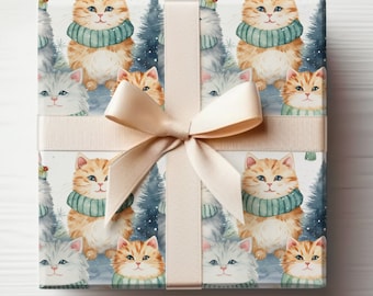 Watercolor Cats Gift Wrap Cats, Winter Cats Wrapping Paper Roll Cute Winter Kittens Wrapping Paper, Kittens Gift Wrap Roll