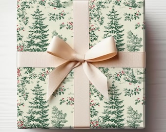 Vintage Christmas Toile Wrapping Paper Roll Vintage Christmas Tree Gift Wrap Roll Antique Christmas Tree Wrapping Paper Sage green Toile