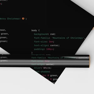May include: A black background with green text showing code for a website. The code includes the text "Merry Christmas!" and "Mountains of Christmas".