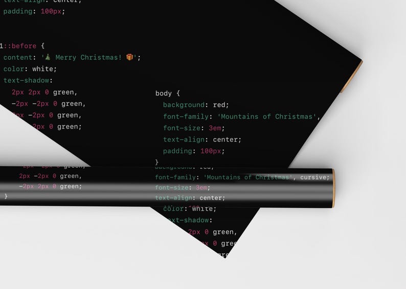 May include: A black background with green text showing code for a website. The code includes the text "Merry Christmas!" and "Mountains of Christmas".