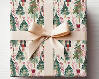 Nutcracker Wrapping Paper Modern Christmas Gift Wrap Roll, Watercolor Nutcracker Wrapping Paper Roll, Pink Christmas Gift Wrapping