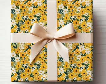 Yellow Daisy Wrapping Paper Yellow Flowers Girly Yellow Gift Wrapping Roll, Yellow Floral Gift Wrap