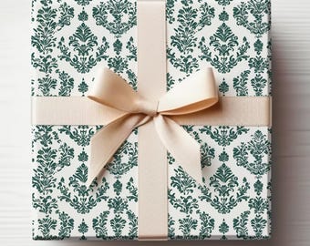 Green Damask Wrapping Paper Damask, Ornate Christmas Wrap Elegant Christmas Gift Wrapping Antique Holiday Wrapping Paper Roll
