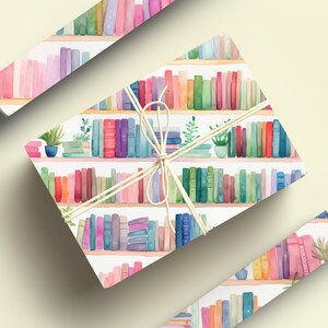 本が入ったラッピングペーパー、読書好きのラッピングペーパーロール、文学好きのための水彩画本棚ラッピングペーパーロール 画像 4