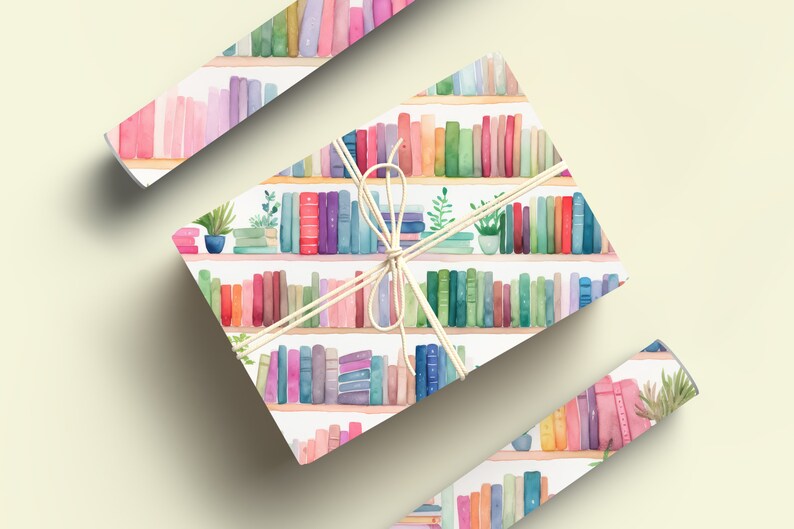 本が入ったラッピングペーパー、読書好きのラッピングペーパーロール、文学好きのための水彩画本棚ラッピングペーパーロール 画像 4
