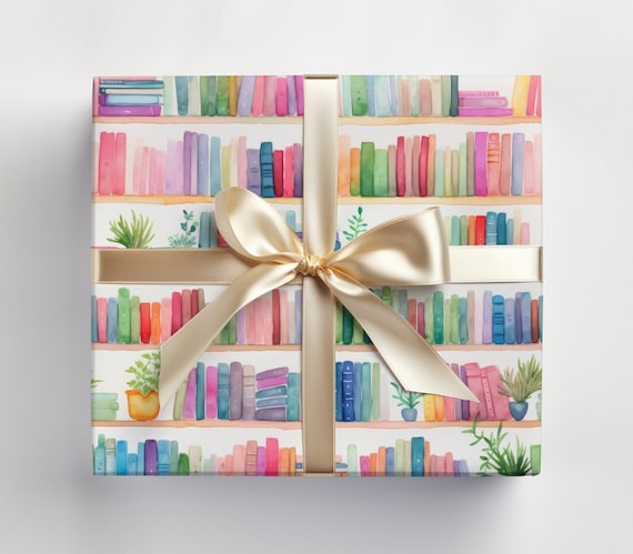 Book Wrapping Paper With Books, Book Lovers Wrapping Paper Roll, Watercolor Bookshelf Wrapping Paper Roll for Literature Lovers