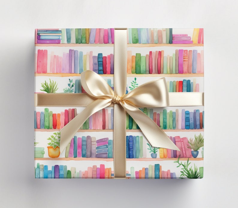 本が入ったラッピングペーパー、読書好きのラッピングペーパーロール、文学好きのための水彩画本棚ラッピングペーパーロール 画像 1