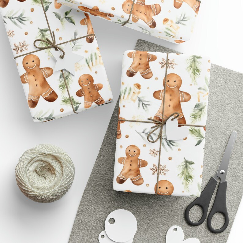 Gingerbread Wrapping Paper Gingerbread Man, Christmas Wrapping Paper Roll Watercolor Gingerbread Man, Bespoke Gift Wrap image 3