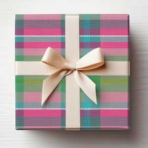 Pink Plaid Wrapping Paper Roll Spring Plaid, Pink Gingham Gift Wrap Roll, Pink and Green Striped Wrapping Paper Tartan