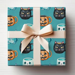 May include: A wrapped gift with teal wrapping paper featuring a pattern of black cat mugs, jack-o'-lantern mugs, and other whimsical designs. A beige ribbon is tied in a bow around the gift.