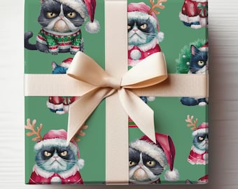 Angry Cat Wrapping Paper Christmas Cat Gift Wrap, Funny Christmas Wrapping Paper Mad Cat Holiday Gift Wrapping Roll