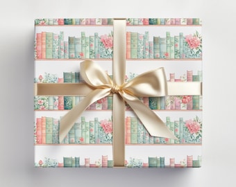 Bibliophile Gift Wrap, Books Wrapping Paper Roll, Pastel Books Gift Wrap Roll, Wrapping Paper Books Design for Booklovers, Pastel Bookshelf