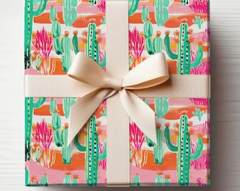 Preppy Cactus Wrapping Paper Roll, Colorful Cactus Wrapping Paper, Cactus Gift Wrap, Neon Colors, Pink Christmas Cactus Wrapping Paper