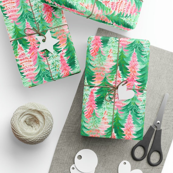 Trendy Christmas Tree Wrapping Paper Roll, Pink Christmas Wrapping