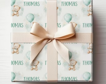 New Baby Wrapping Paper Baby Boy Wrapping Paper With Name, Boy Baby Wrapping Paper Teddy Bear Gift Wrap With Name