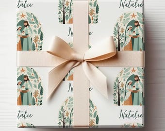 Christmas Wrapping Paper Christian Nativity Wrapping Paper Roll With Customized Name, Manger Scene Wrapping Paper Religious Christmas Gift