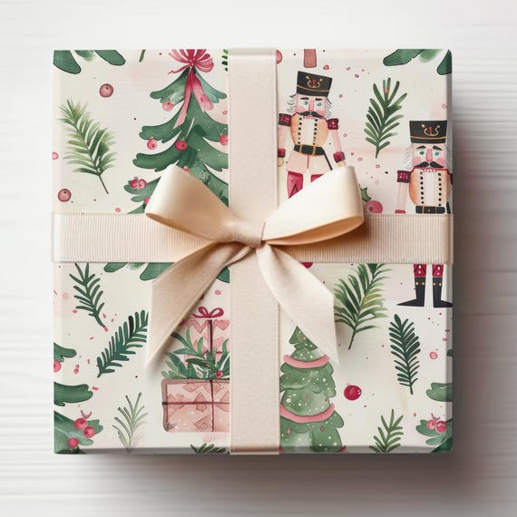Nutcracker Wrapping Paper Roll, Nutcracker Gift Wrapping Roll, Modern Christmas Gift Wrap, Watercolor Nutcracker, Pink Christmas