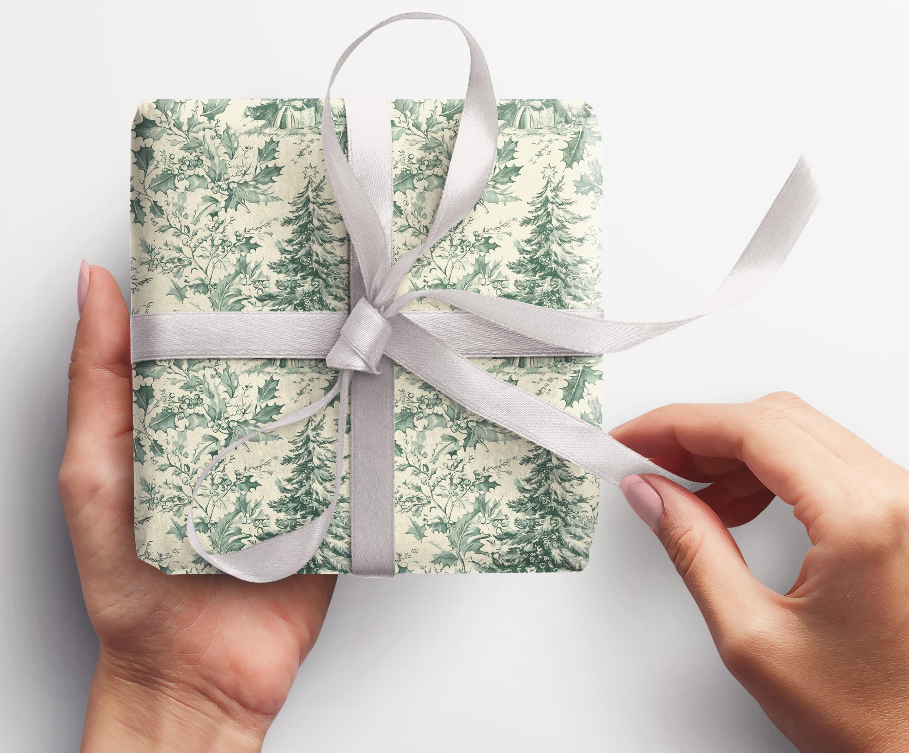 Vintage Christmas Toile Wrapping Paper Roll Vintage Christmas Tree Gift Wrap Roll Antique Christmas Tree Wrapping Paper Sage Green Toile