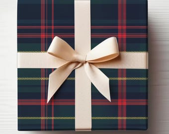 May include: A wrapped gift box featuring a navy blue, red, and green plaid pattern. A cream-colored ribbon is tied in a bow around the box. The gift box is presented on a white surface.