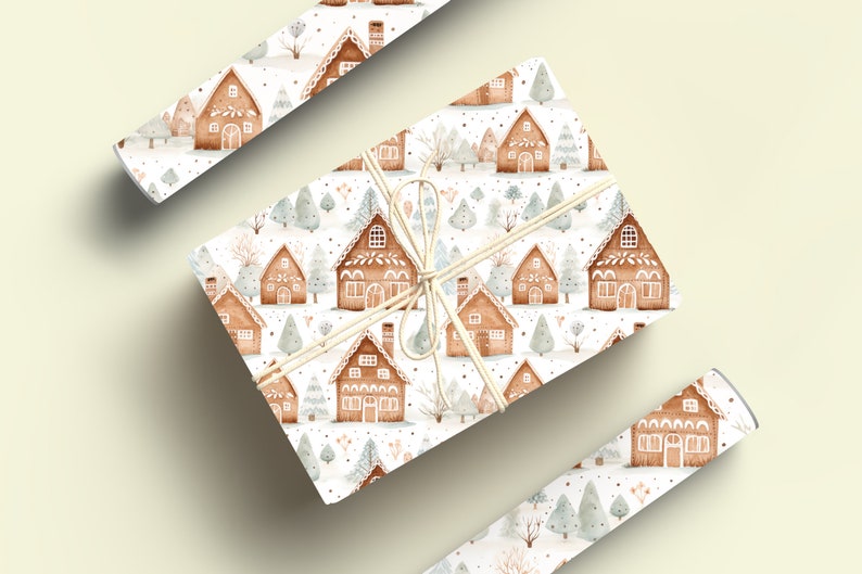 Gingerbread House Wrapping Paper Roll, Cute Gingerbread Wrapping Paper Christmas Gingerbread Houses Gift Wrapping Roll, Modern Gift Wrapping image 4