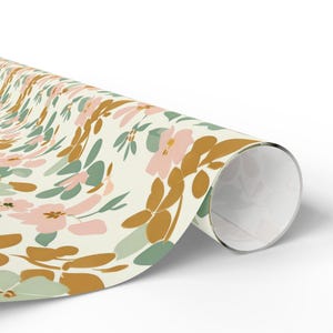 Roze en gouden inpakpapier Pastelbloemen inpakpapier Cadeaupapier babymeisje Pastelroze en saliegroene bloemen, schattig bloemdessin afbeelding 7