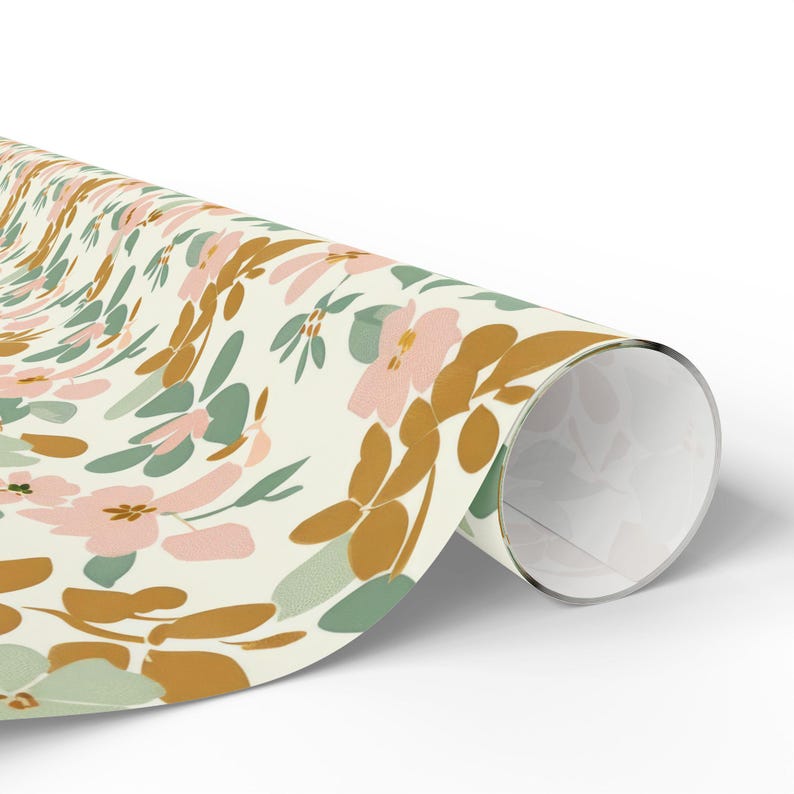 Roze en gouden inpakpapier Pastelbloemen inpakpapier Cadeaupapier babymeisje Pastelroze en saliegroene bloemen, schattig bloemdessin afbeelding 7