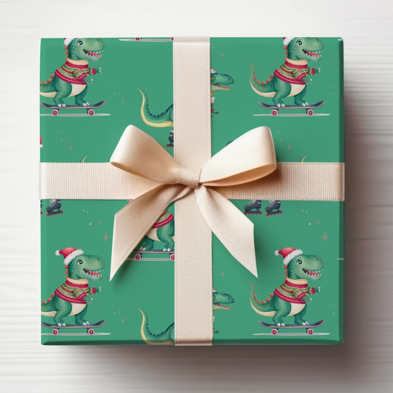May include: Green wrapping paper with a repeating pattern of dinosaurs wearing Santa hats and riding skateboards. The paper is tied with a cream-coloured ribbon.