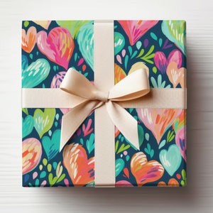Heart Wrapping Paper Roll Cute Hearts, Colorful Hearts Gift Wrapping Paper, Valentines Wrapping Paper Roll, Neon Hearts Gift Wrap Roll