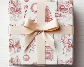 Vintage Christmas Toile Wrapping Paper Roll Vintage Christmas Tree Gift Wrap Roll Antique Christmas Tree Wrapping Paper Red Christmas Toile
