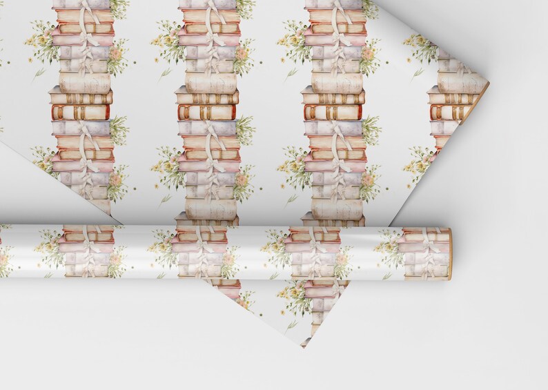 May include: White wrapping paper with a repeating pattern of stacks of vintage books tied with white ribbon and small bouquets of flowers.