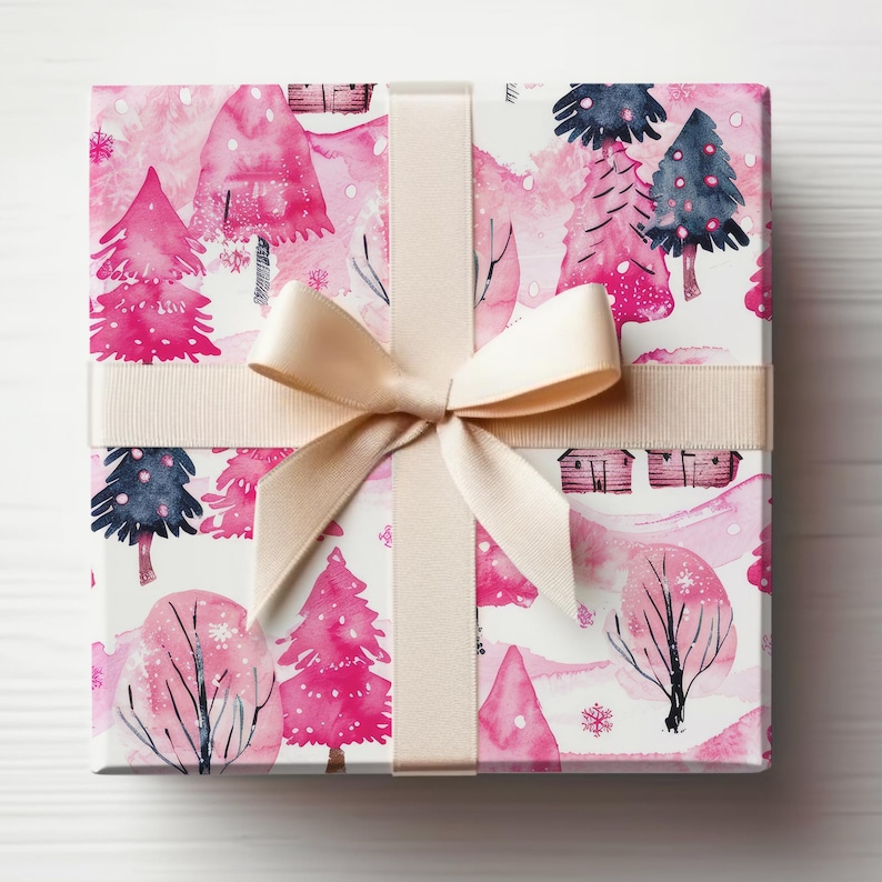 Hot Pink Christmas Wrapping Paper Pink Forest Gift Wrapping Roll Pink
