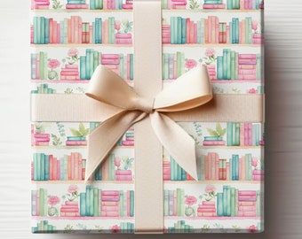 Pink Books Wrapping Paper Books, Watercolor Books Wrapping Paper Roll, Watercolor Books Gift Wrap Roll,Pink and Teal Bookshelf Gift Wrapping