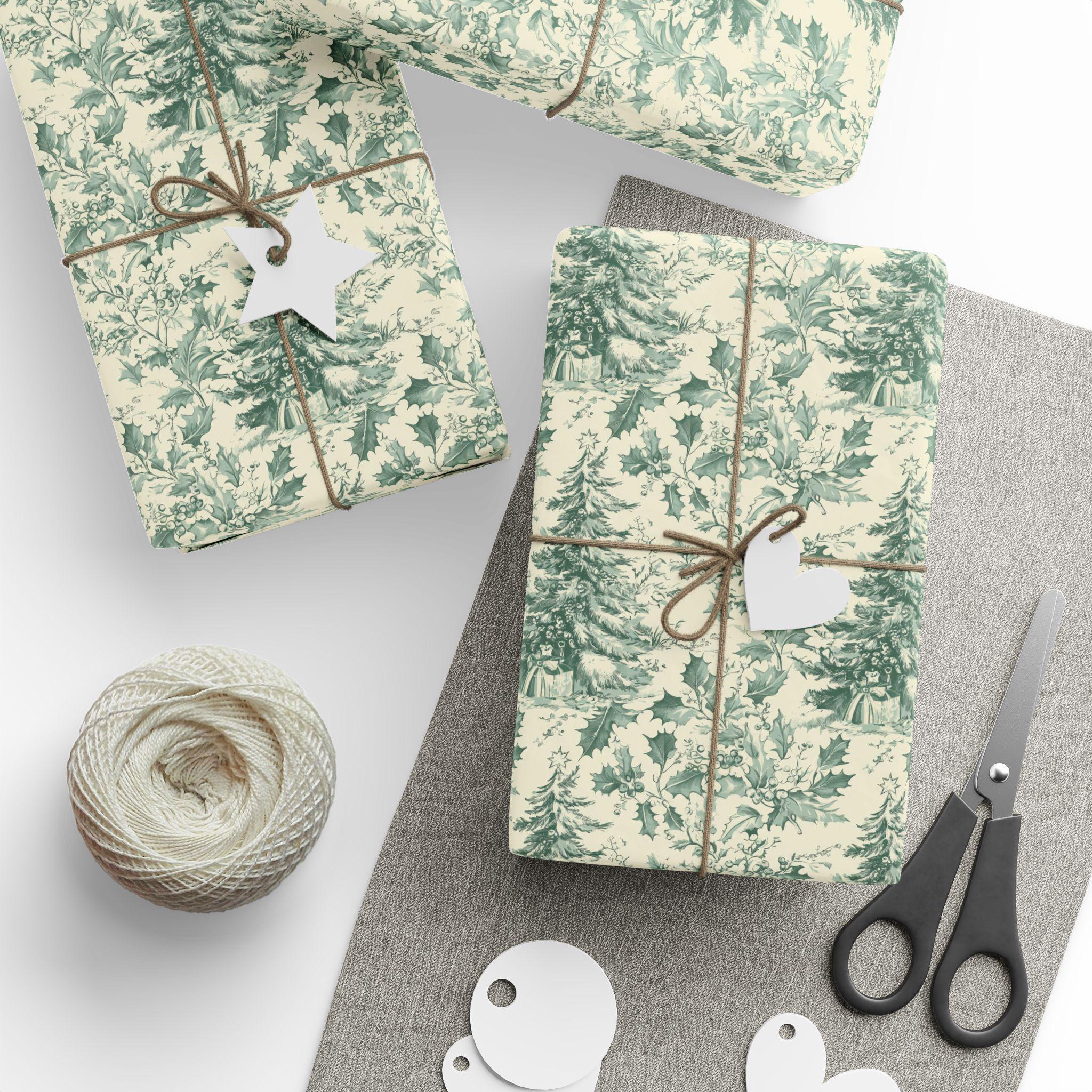Vintage Christmas Toile Wrapping Paper Roll Vintage Christmas Tree Gift Wrap Roll Antique Christmas Tree Wrapping Paper Sage Green Toile