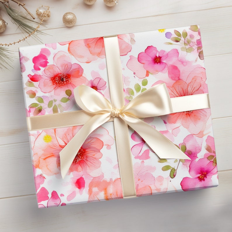 Pink Watercolor Flowers Wrapping Paper Pink Flowers Gift Wrap Roll Pink ...