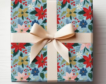 Rolo de papel de embrulho de poinsétia fofa, papel de embrulho de poinsétia, rolo de papel de embrulho de presente floral de Natal, papel de embrulho de presente floral de Natal