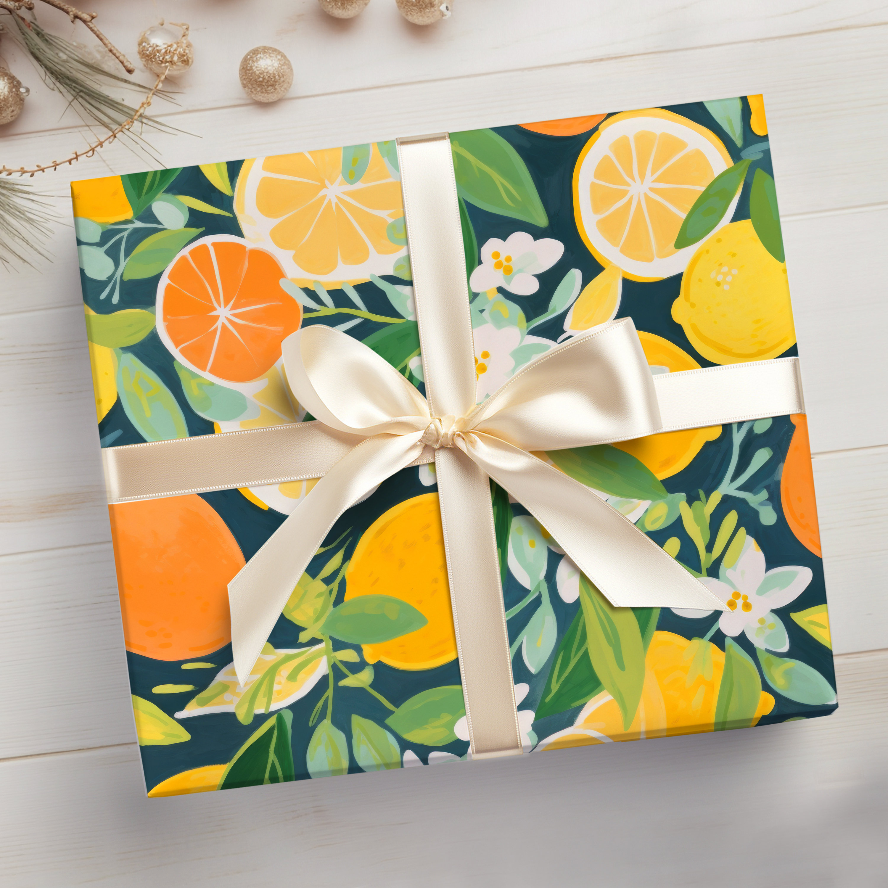 Modern Citrus Wrapping Paper Roll Navy Blue Oranges, Little Cutie Gift ...