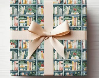 Christmas Bookshelf Wrapping Paper Roll Xmas Bookshelf Gift Wrap Roll, Watercolor Bookshelf Wrapping Paper For Readers