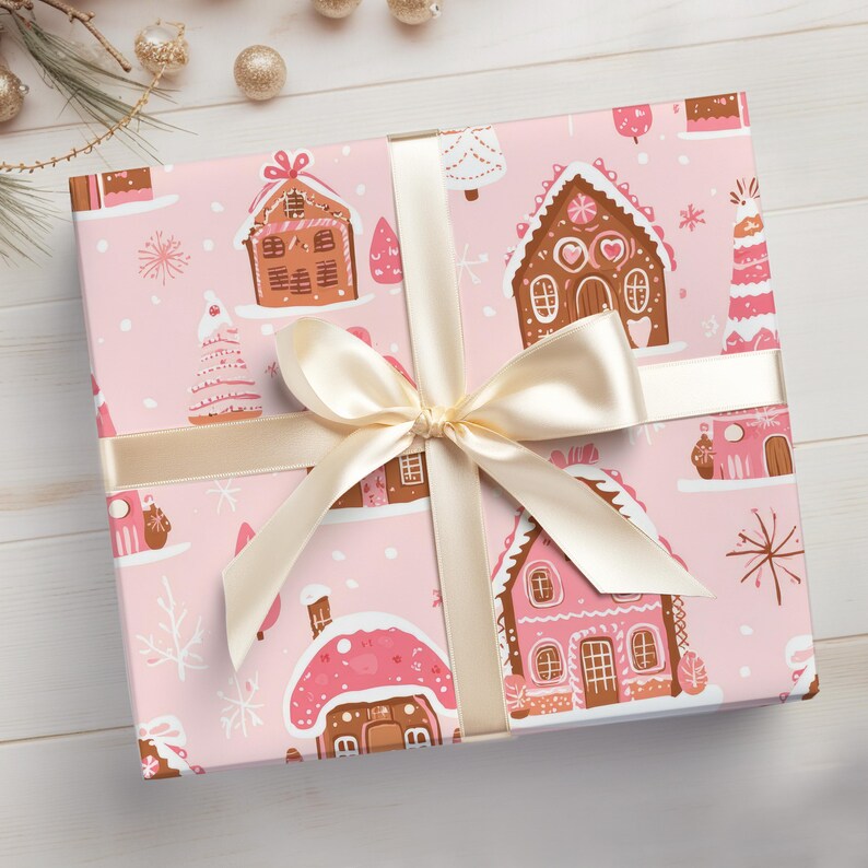 May include: Pink wrapping paper with a repeating pattern of gingerbread houses, candy canes, and snowflakes. A white satin ribbon is tied around the paper in a bow.
