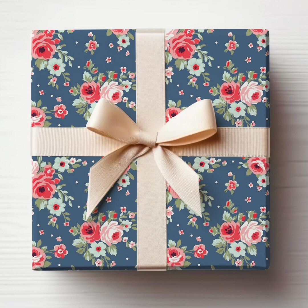 Shabby Chic Roses Wrapping Paper Roll Navy Blue Rose Wrapping Paper ...
