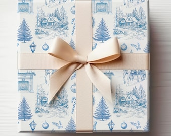 Vintage Christmas Toile Wrapping Paper Roll Vintage Christmas Tree Gift Wrap Roll Antique Christmas Tree Wrapping Paper Blue Christmas Toile