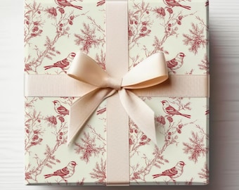Bird Wrapping Paper Roll Vintage Birds Gift Wrap Roll Winter Birds, Red and White Christmas Wrapping Paper Vintage Christmas Gift Wrap Roll