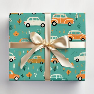Car Birthday Gift Wrap Roll, Cars Wrapping Paper, Cars Birthday Wrapping Paper Cars Gift Wrapping Roll, Cute Teal Cars Birthday Gift Wrap