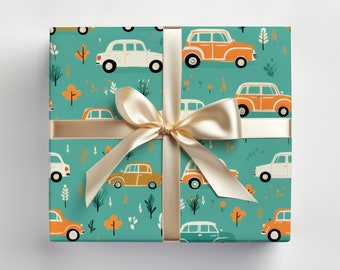 Car Birthday Gift Wrap Roll, Cars Wrapping Paper, Cars Birthday Wrapping Paper Cars Gift Wrapping Roll, Cute Teal Cars Birthday Gift Wrap