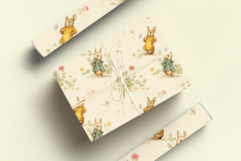 Rulle med vintage kanininslagningspapper, Cottagecore kanin, presentinslagningsrulle, könsneutralt inslagningspapper, klassisk kanin, presentinslagning för babyshower bild 9
